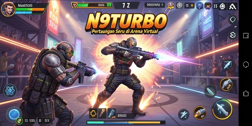 Tangkapan layar utama N9TURBO menampilkan aksi pertarungan yang dinamis dan grafis yang memukau.