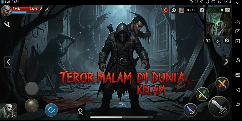 Screenshot utama PAUS188 menampilkan suasana mencekam dengan makhluk menyeramkan.