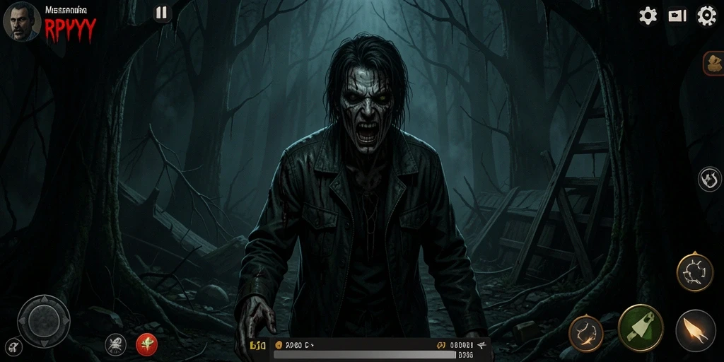 Tampilan gameplay RPYYY yang menakutkan dan atmosfer menyeramkan.