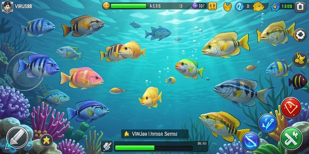 Tampilan gameplay seru di <strong>VIRUS88</strong> dengan ikan beraneka ragam.